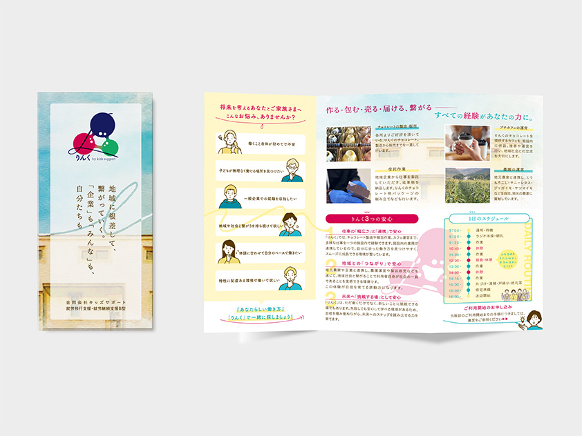 就労支援施設向けに制作した、紙の開き方でつながりを伝える三つ折りリーフレットデザイン①